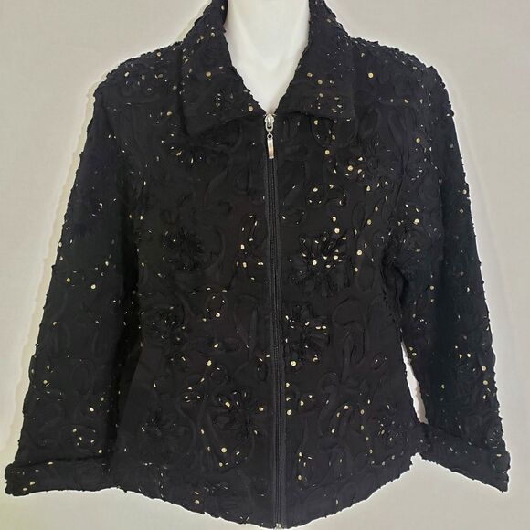 Great Cavalier by St.Paul Womens Jacket Small Floral Full Zip Black Gold Polka - Picture 3 of 8
